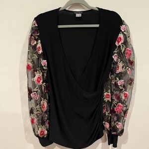 VENUS Black Top with Floral Embroidered Sleeves